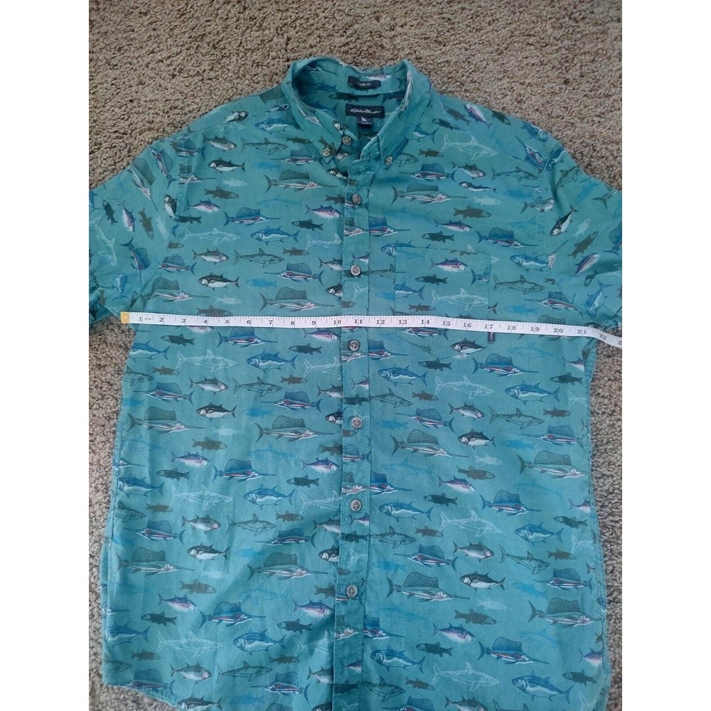 Eddie‎ Bauer Shirt Men's Large Teal Allover Fish Print Cotton Short Sleeve - Picture 3 of 6